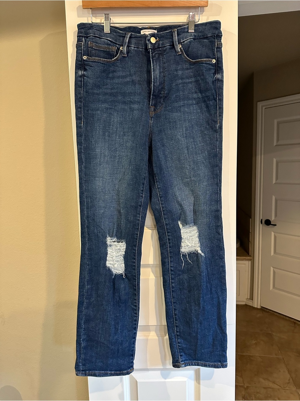 Good American Dark Blue Distressed Boyfriend Jeans